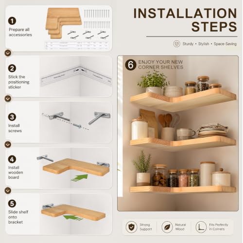 Floating Corner Shelves Solid Pinewood Wall Mounted Shelf - Natural, 3 Pieces
