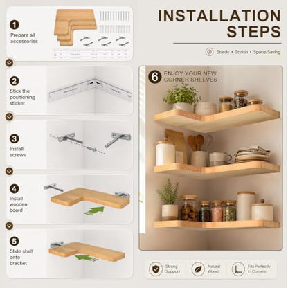 Floating Corner Shelves Solid Pinewood Wall Mounted Shelf - Natural, 3 Pieces