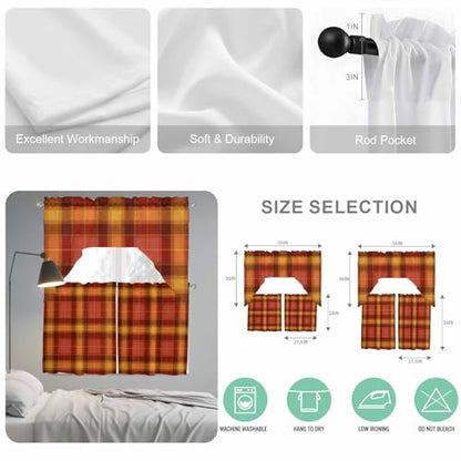 Burgundy & Warm Ochre Plaid Kitchen Curtains Set - 3 Piece Farmhouse Swag & Tier