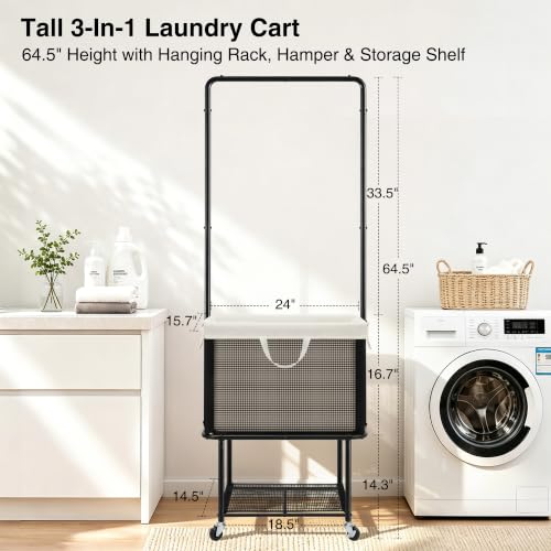 Rolling Laundry Cart with Hanging Bar, 100L Hamper & Storage Shelf