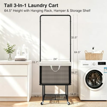 Rolling Laundry Cart with Hanging Bar, 100L Hamper & Storage Shelf