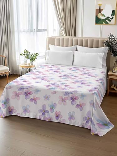 Full Size Flat Sheet for Bed - Purple Pink Flowers Microfiber 81x96 with Variation