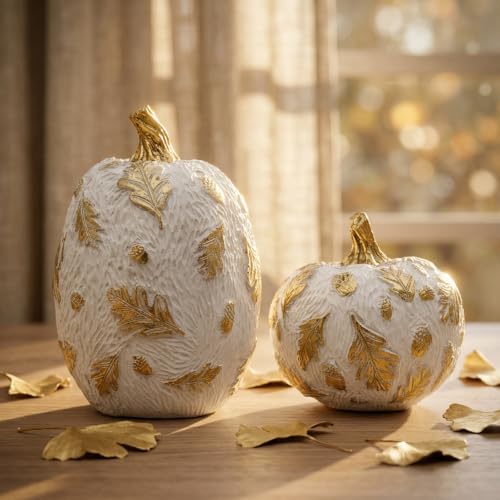 Fall Pumpkin Decor Set with Gold Accents for Harvest Table and Thanksgiving