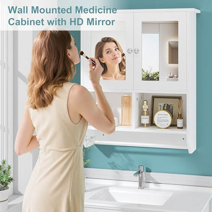 Bathroom Wall Cabinet with LED Light & Mirror, Adjustable Shelves, Towel Bar