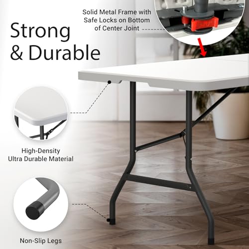 6 Feet Foldable Table with Built in Handle & Steel Legs | Heavy Duty Portable | Perfect for Party, Dining, Wedding, Events, Picnic Indoor, Outdoor, Camping, Utility, Temporary (White, 71")