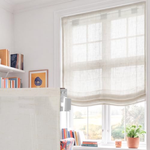 No Drill Roman Shades 35x36 Inch Semi-View Beige Window Treatment with Soft Wave Rib