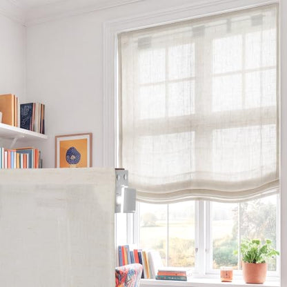 No Drill Roman Shades 35x36 Inch Semi-View Beige Window Treatment with Soft Wave Rib