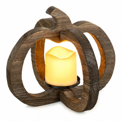 Wood Pumpkin Lantern Decor with LED Candle - Fall Table Centerpiece
