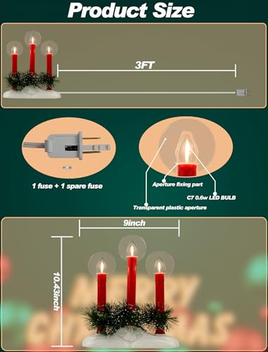 Christmas Window Candles Set - Red Electric Candle Lights with 3 Bulbs - Safe & Flicker-Free, Plug-In Holiday Decor