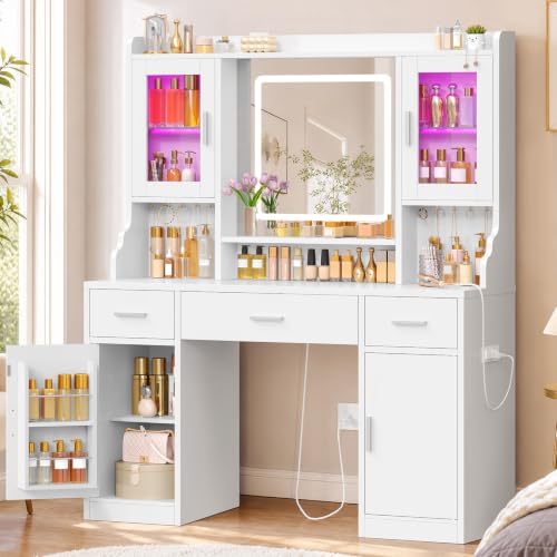 Vanity Desk with Mirror and RGB Cabinets, 6 Storage Units, Built-in Power Outlet