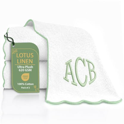 Sage Green Piping Monogrammed Bath Towels Set of 2 - Scallop Edged Cotton