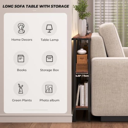 78.7-Inch Long Behind Couch Table with RGB Lights, Outlets & Bookcase - Narrow Space