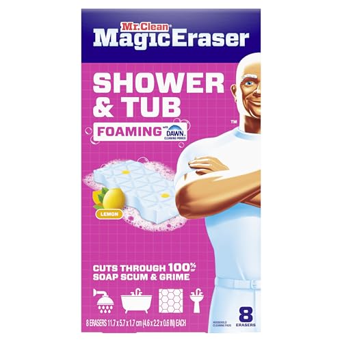 Mr. Clean Magic Eraser Sponge, Bathroom, Shower, Tub Cleaner, Soap Scum Remover, Bathroom Cleaning Supplies, Dawn Cleaning Power with Lemon Scent, Shower & Tub, 8ct