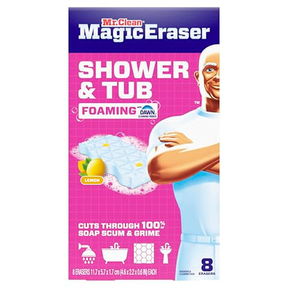 Mr. Clean Magic Eraser Sponge, Bathroom, Shower, Tub Cleaner, Soap Scum Remover, Bathroom Cleaning Supplies, Dawn Cleaning Power with Lemon Scent, Shower & Tub, 8ct