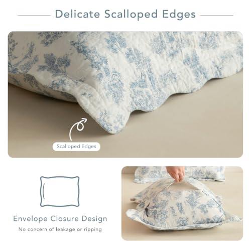 Lady Ann Oversized Floral King Bedspread Set - Light Blue 120x120 Inches, 3 Piece Cotton Quilt with Scalloped Edges, California King Variation
