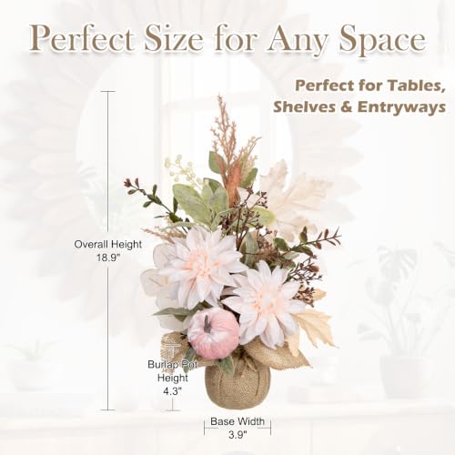 Artificial Fall Thanksgiving Centerpiece with White Dahlia & Pumpkin - Rustic Farmhouse Decor