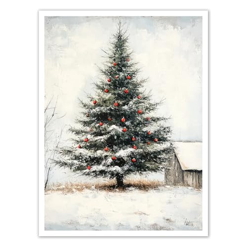 Annual Ring Christmas Canvas Wall Art Decor Large Snowy Tree Farmhouse Holiday Poster 16x12
