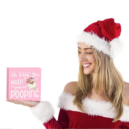 Pink Christmas Bathroom Decor - Xmas Shelf Sign with Santa Hat - Farmhouse Office Bedroom