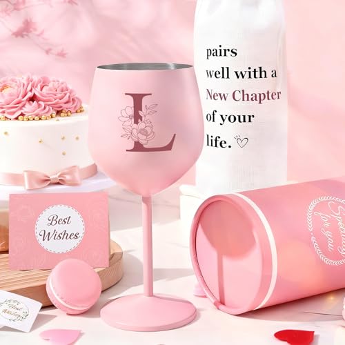 Pink Monogrammed Stainless Steel Wine Glass with Gift Bag - Initial L