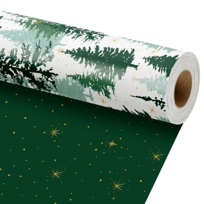 Reversible Christmas Wrapping Paper Pine Tree Design 17 x 33 Ft - Green & Gold