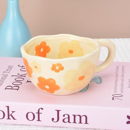 Orange Ceramic Coffee Mug with Flower Spoon, 8oz Handmade Kawaii Teacup
