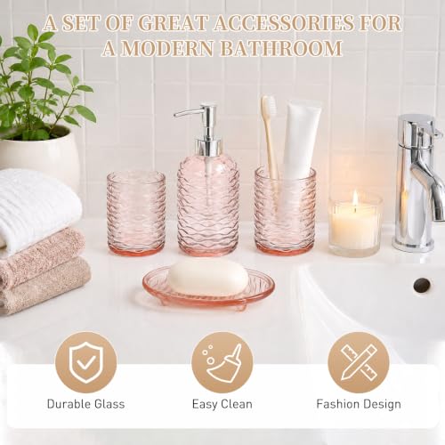 Clear Glass Bathroom Accessory Set with Wavy Stripes - 4 Pieces