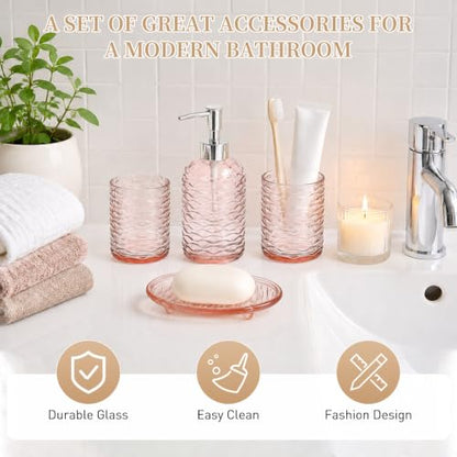 Clear Glass Bathroom Accessory Set with Wavy Stripes - 4 Pieces