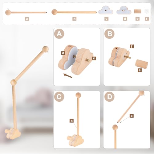 Baby Crib Mobile Arm with Rotating Music Box - Wooden Mobile Holder, 23 Inch, Nursery Decor - Variation of Holder
