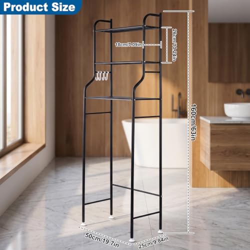 Over Toilet Storage Shelf with Hooks & Anti-Tip Kit, Black Bathroom Organizer