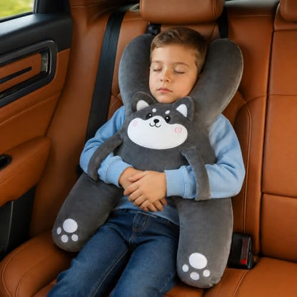 Kids Travel Car Pillow with Hand Straps - Gray Support Neck & Head Rest for Naps