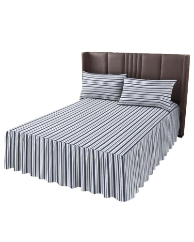 Blue Full Size Ruffle Bedspread Set with Bedskirt and Pillow Shams – Navy Striped Bedding Cover
