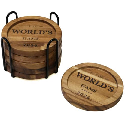 The World's Game 2026 Acacia Wood Coasters Set of 6 with Metal Holder - Soccer Housewarming Gift