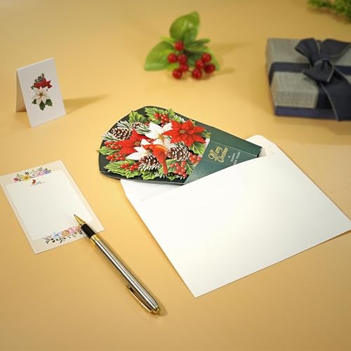 Christmas Poinsettia Pop-Up Card - 8.5x7 Inch Holiday Greeting with Bouquet of Poinsettia & Pine Cones - Variation of Pointsettia Bouquet-6x8in