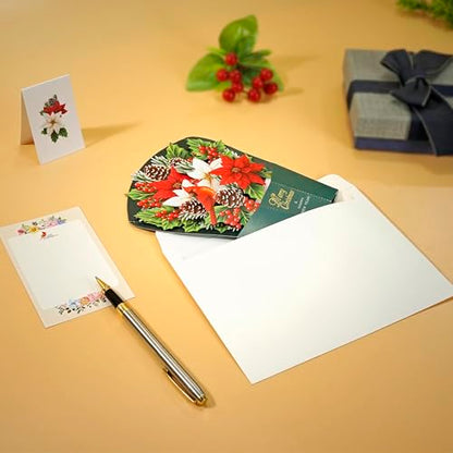 Christmas Poinsettia Pop-Up Card - 8.5x7 Inch Holiday Greeting with Bouquet of Poinsettia & Pine Cones - Variation of Pointsettia Bouquet-6x8in