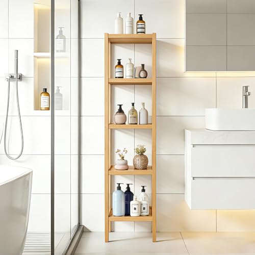5 Tier Waterproof Bamboo Storage Shelf - Natural Finish, Wall-Mountable, Space-Saving Organizer - Variation of 5 Tier-wood