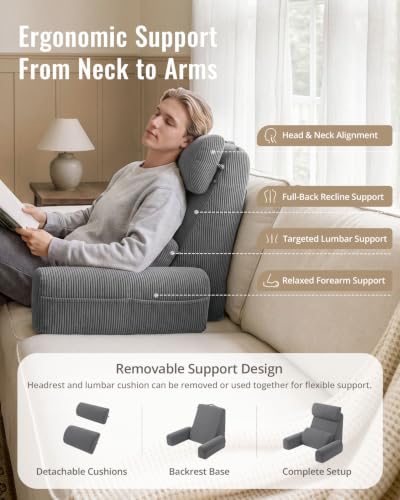 Gray Adjustable Reading Pillow with Lumbar Support - 19 Inch