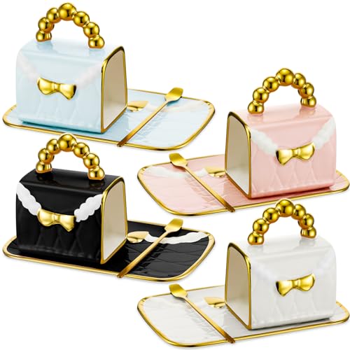 Stylish Purse Tea Cup Set of 4 with Saucer & Spoon - Handbag Coffee Mug