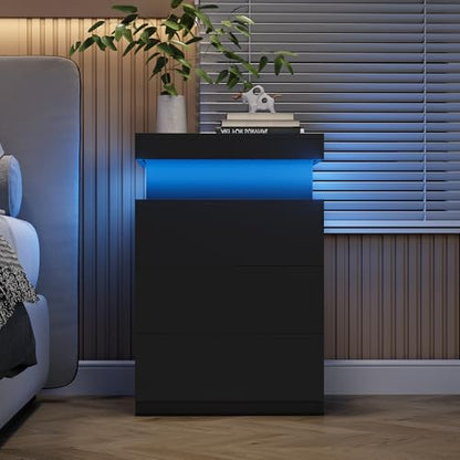 OLIXIS Black Nightstand with Charging Station & RGB LED Lights (Variation: Black - 17.72 W x 15.75 D x 26.57 H, 4 Drawers)