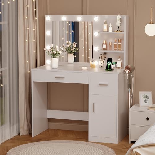 YesHom y 35.4" Vanity Desk with Mirror & Lights, USB-C/USB-A Ports, 2 Drawers & 1 Cabinet, Clean White