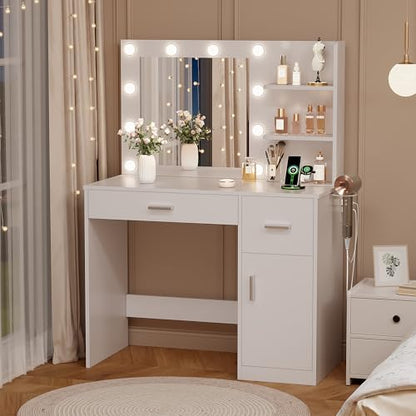 YesHom y 35.4" Vanity Desk with Mirror & Lights, USB-C/USB-A Ports, 2 Drawers & 1 Cabinet, Clean White