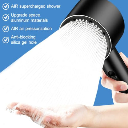 Black High Pressure Handheld Shower Head with Holder - 2 Spray Modes, No-Drill Adjustable Bracket