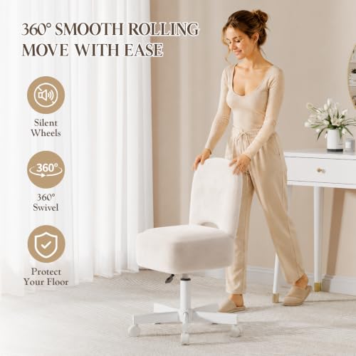 White Rolling Vanity Chair with Storage - Adjustable Height, 360° Castors, 10L Storage