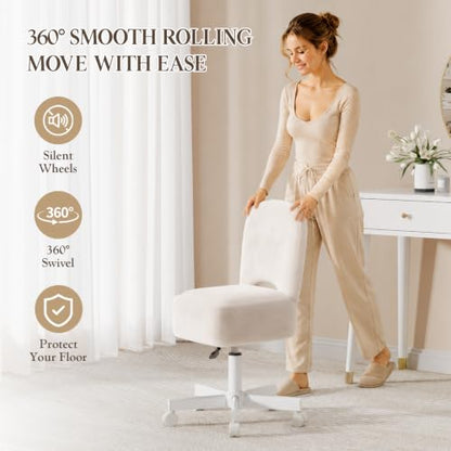 White Rolling Vanity Chair with Storage - Adjustable Height, 360° Castors, 10L Storage