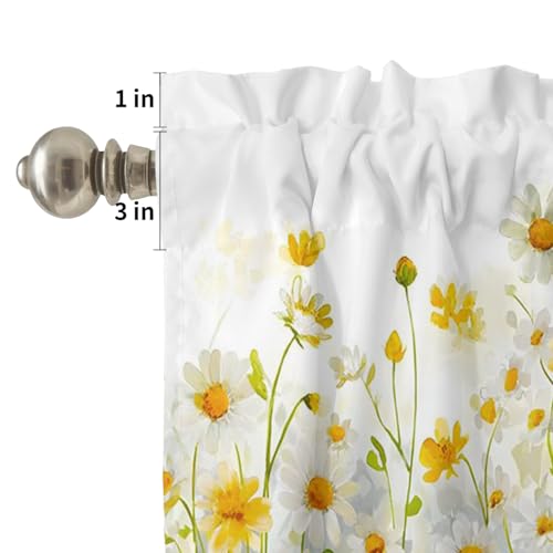 Yellow White Daisy Kitchen Curtains Set - Small 24 Inch Length, Farmhouse Style, Rod Pocket Window Tiers and Valance - Pack of 3