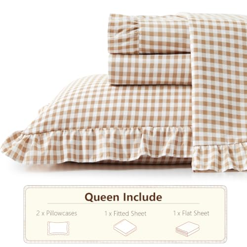 Taupe Gingham Ruffle Queen Bed Sheet Set - Microfiber Plaid Bedding