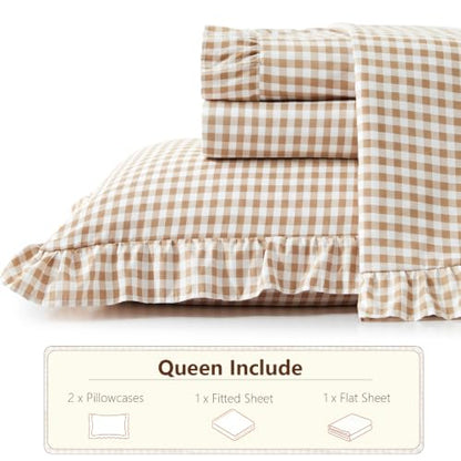 Taupe Gingham Ruffle Queen Bed Sheet Set - Microfiber Plaid Bedding
