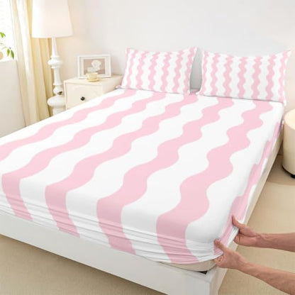 Queen Size Kids Fitted Sheet Set with Deep Pockets - White Pink, 3 Pieces