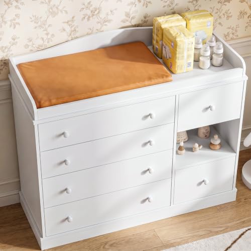 Kids Dresser Cabinet with Changing Table - White Child Bedroom Storage Furniture