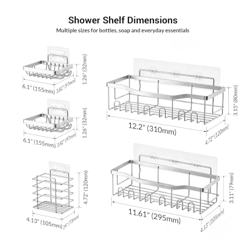 Brushed Stainless Steel Shower Caddy Adhesive Set - Rustproof Bathroom Organizer with Soap Holders - Silver