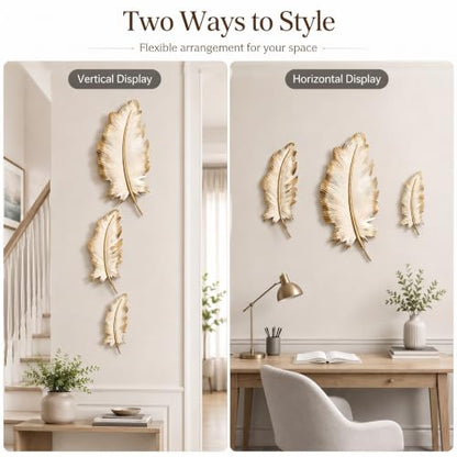 Large Metal Feather Wall Decor Set - Beige Gold 3D Wall Art for Living Room